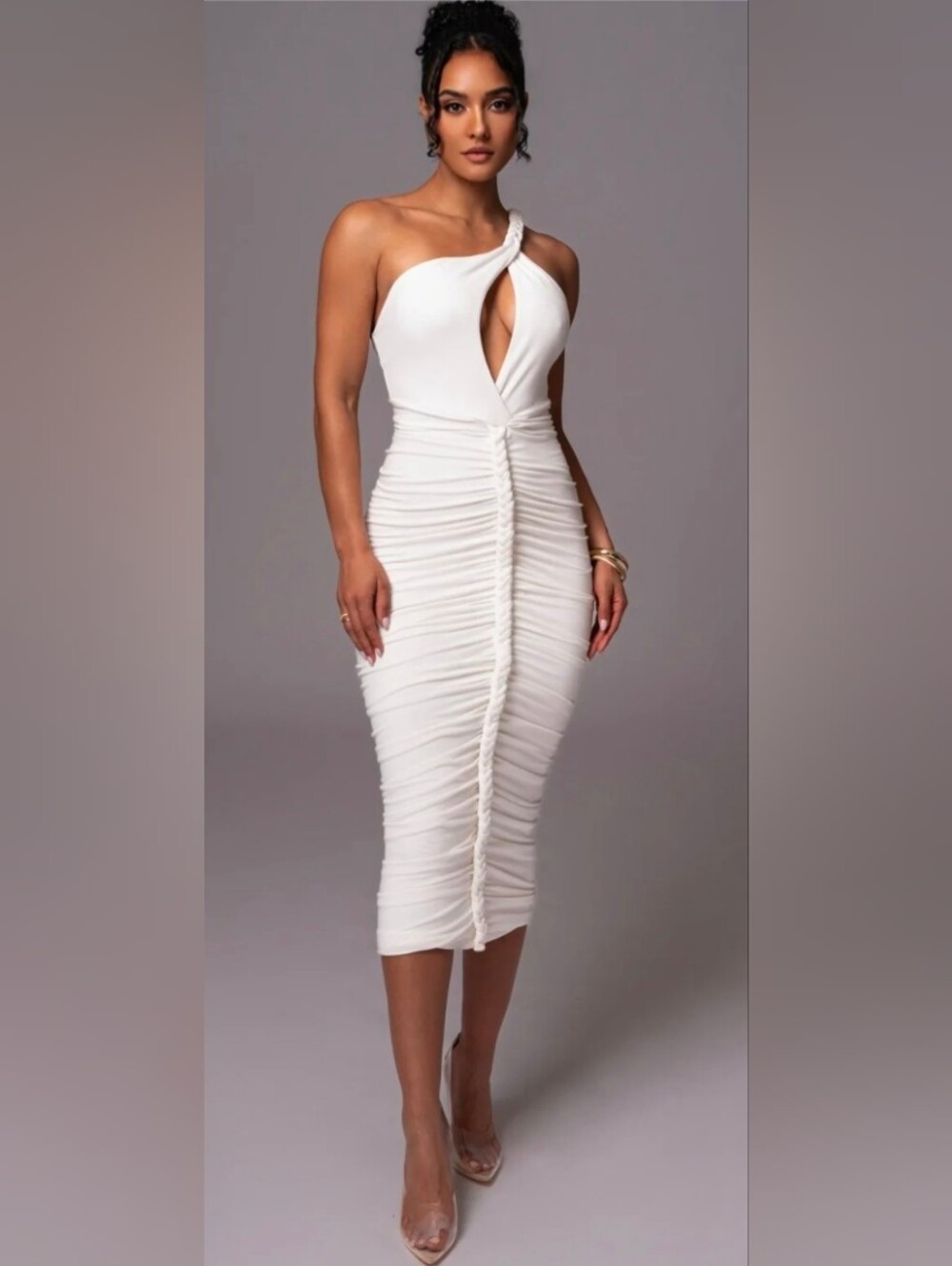 JLUXLABEL White One-Shoulder Ruched Maxi Dress